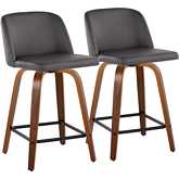 Toriano 24" Swivel Counter Stool in Walnut Wood & Grey Leatherette with Black Footrest (Set of 2)